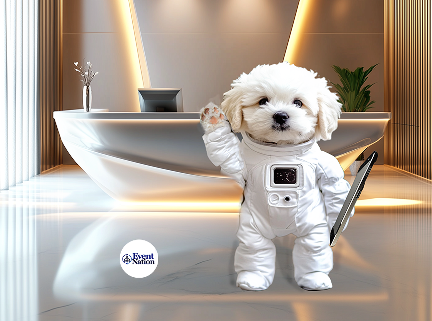 dog greeting guests at hotel in robot outfit